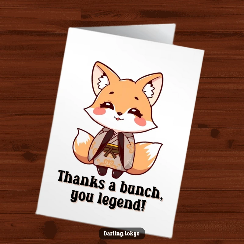 Funny Free Printable Thank You Card: Fox in patterned kimono bowing gracefully, expressing sincere thanks.