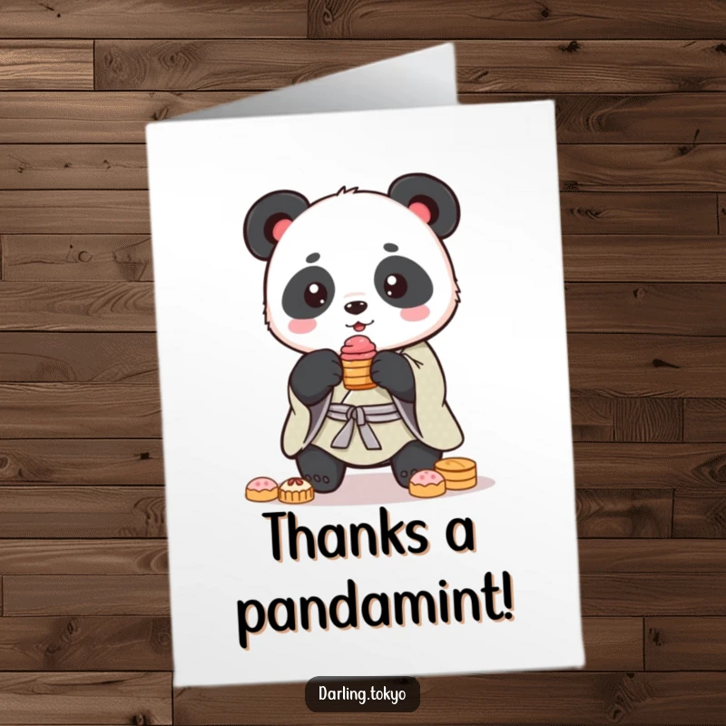 Funny Free Printable Thank You Card: A cute panda in a kimono carefully balances a small stack of sweets.