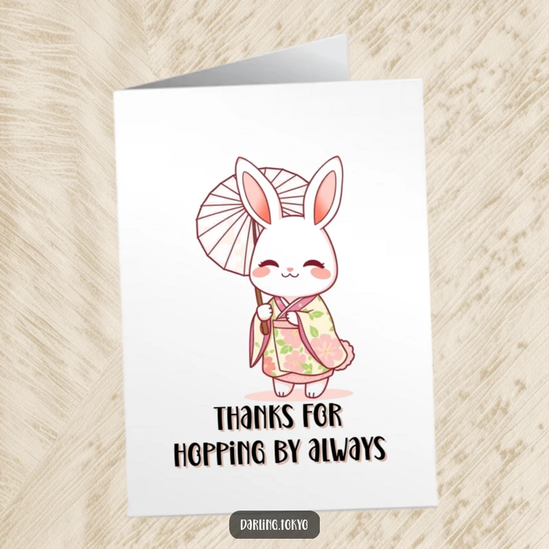 Funny free printable thank you card featuring a rabbit in a floral kimono holding a parasol.
