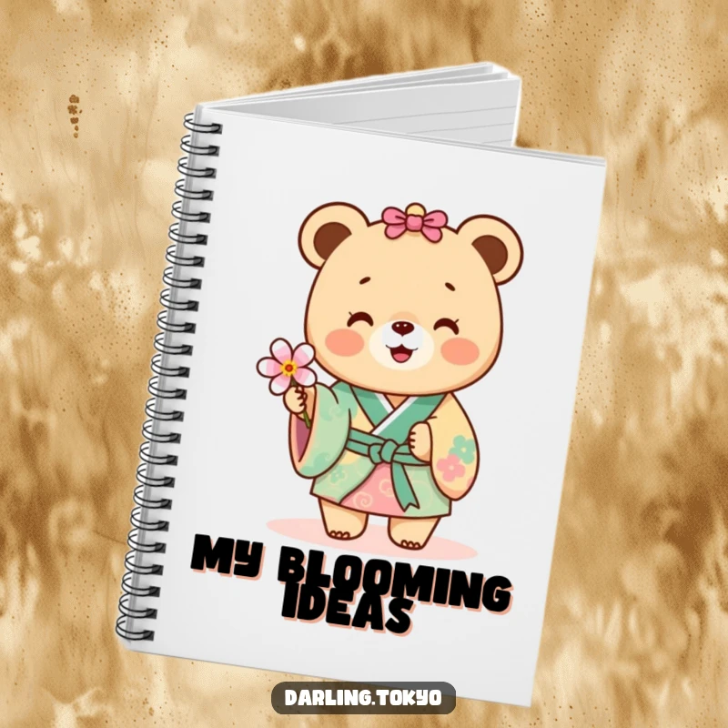 Funny bear in a colorful kimono offering a delicate flower, a cute notebook.