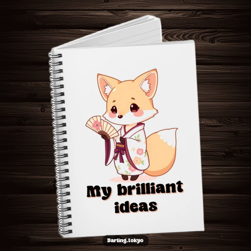 Funny fox in a floral kimono offering a miniature fan, a cute notebook for writing.