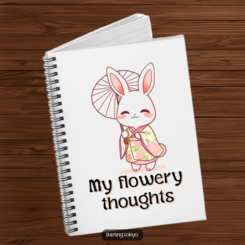 Funny notebook cover with a cheerful rabbit character in a floral kimono, holding a delicate parasol, ready for your notes.