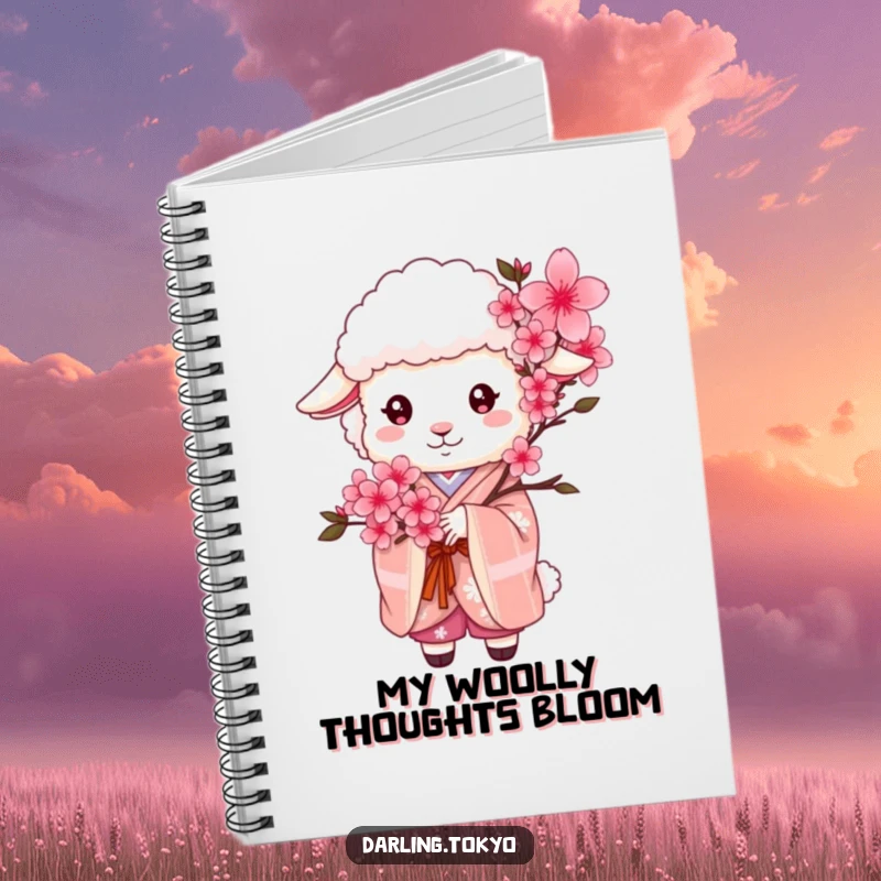 Funny sheep in a floral kimono holds a lovely cherry blossom bouquet on the cover of this cute notebook.