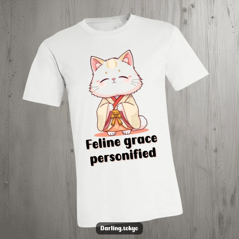 Funny t-shirt with a fluffy cat in a traditional kimono looking serenely beautiful, conveying refined grace and understated humor.