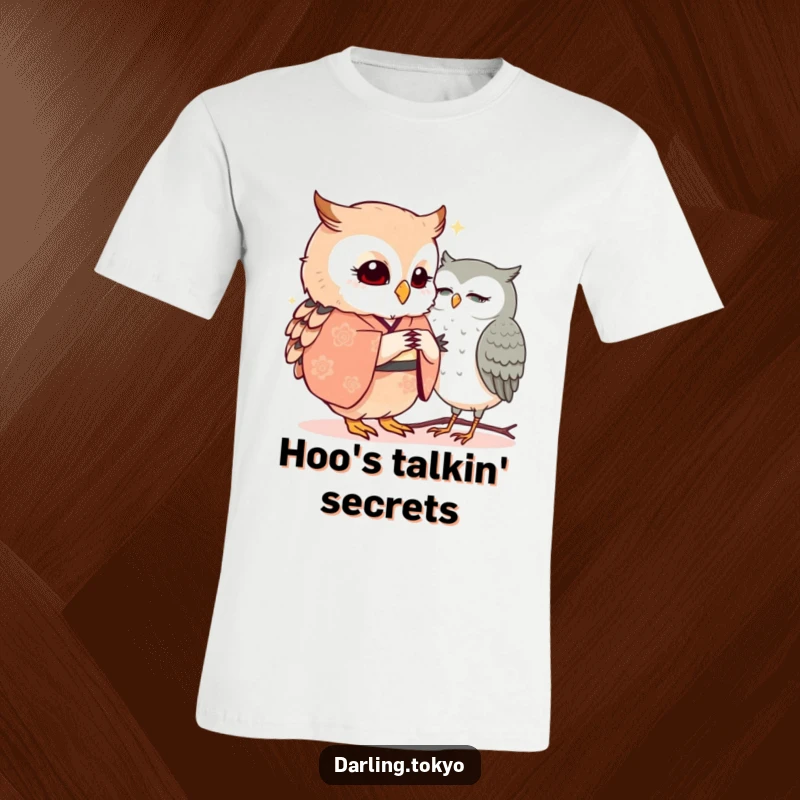 Two funny owls dressed in kimonos huddle close, sharing a confidential secret on this amusing t-shirt.