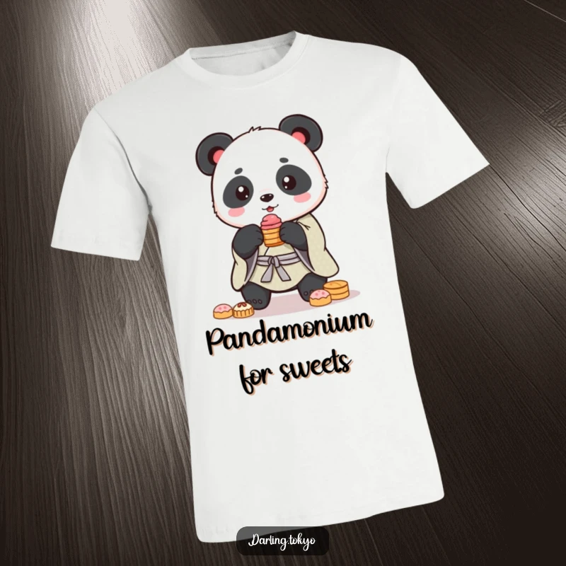 A funny panda wearing a kimono attempts to balance a precarious stack of delicious-looking sweets on this tee.