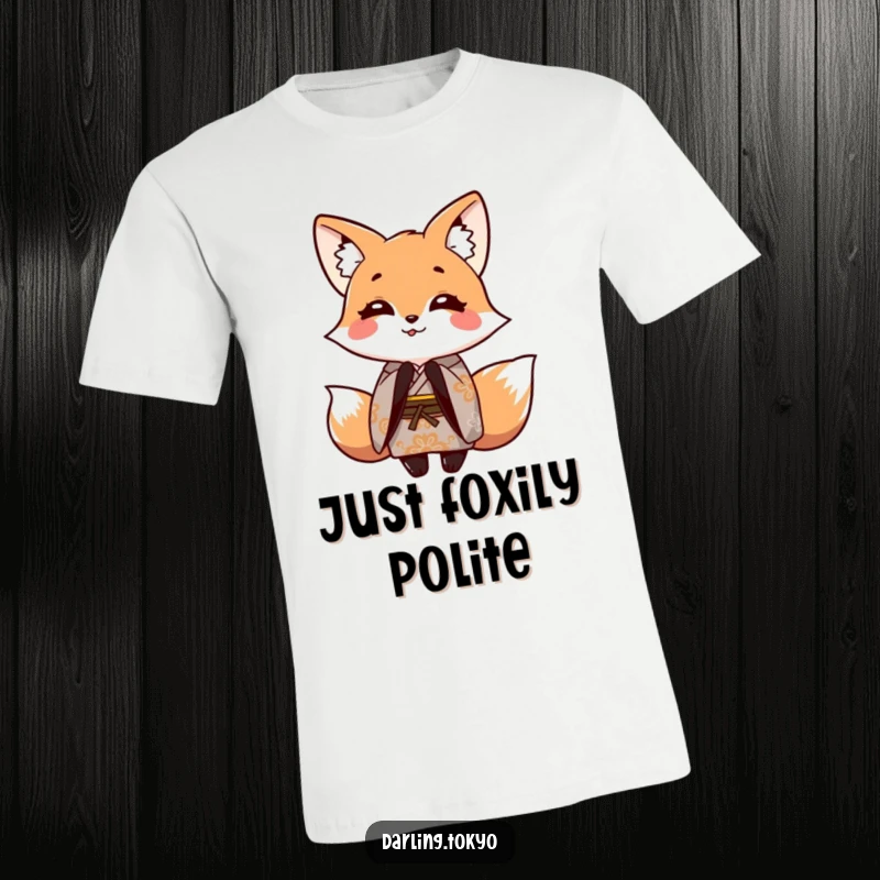 Funny t-shirt with a cute fox character in a patterned kimono, depicted in a playful, bowing gesture.