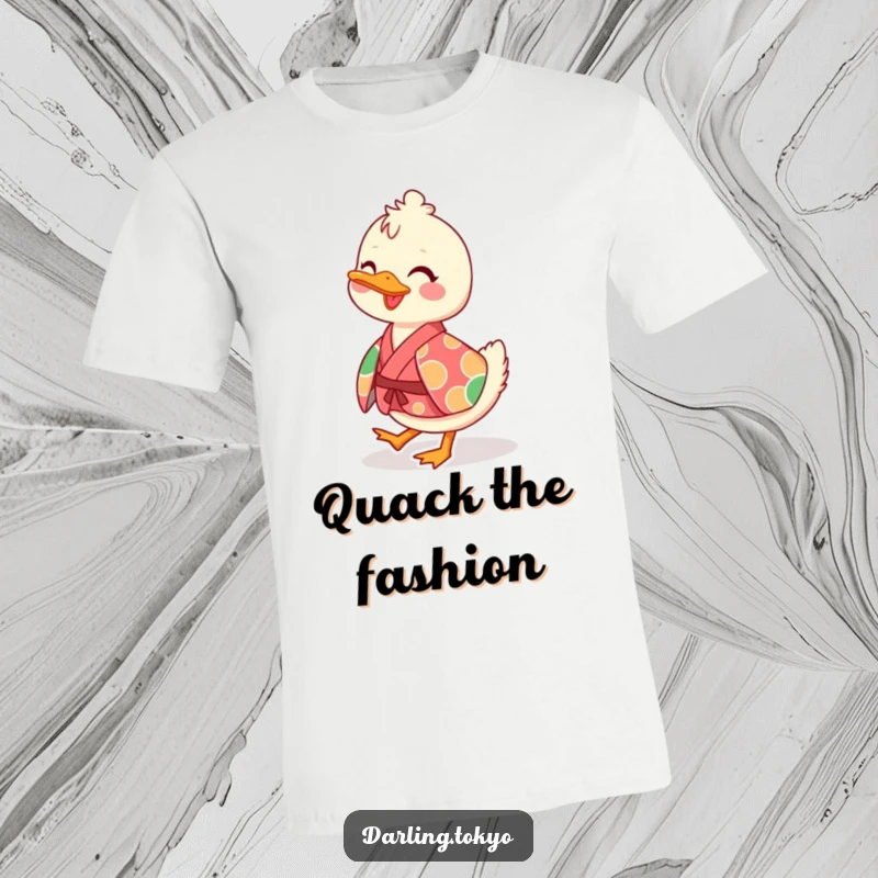 Funny t-shirt featuring a playful duck character in a vibrant kimono, depicted waddling cheerfully.