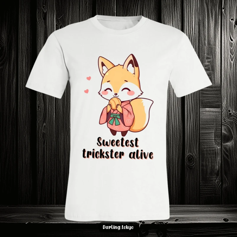 Funny t-shirt with a cute fox in a patterned kimono offering a sweet treat, conveying playful charm and delightful sweetness.
