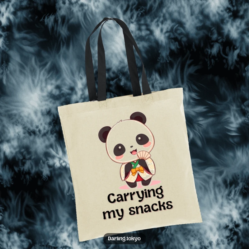 Funny panda in a festive kimono holding a fan, a humorous and stylish tote bag.