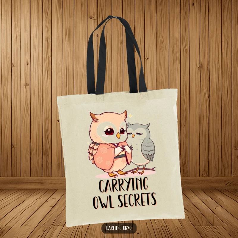 Funny owls in kimonos share a secret, making this tote bag a charmingly funny accessory for daily use.