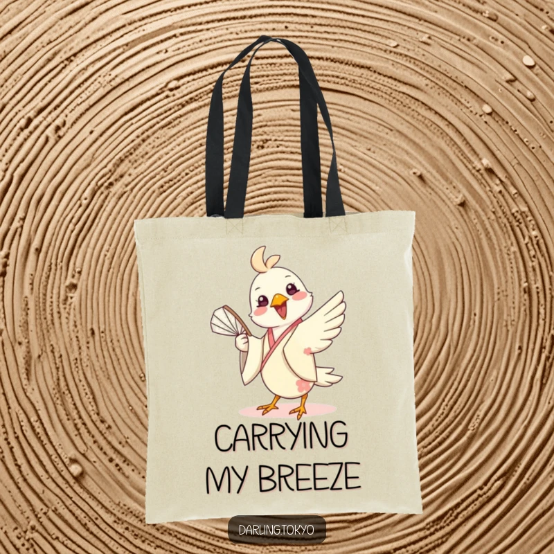 Funny tote bag featuring a cheerful bird in a silk kimono playfully twirling a fan, perfect for stylish and humorous everyday use.