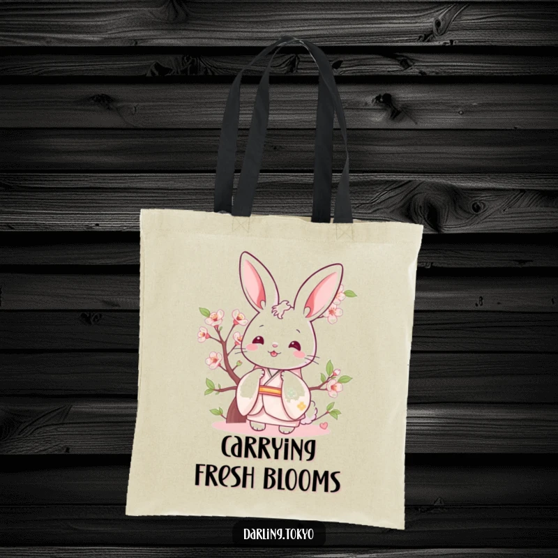 Funny bunny in a pastel kimono playfully peeking from behind a cherry blossom, a humorous tote bag.