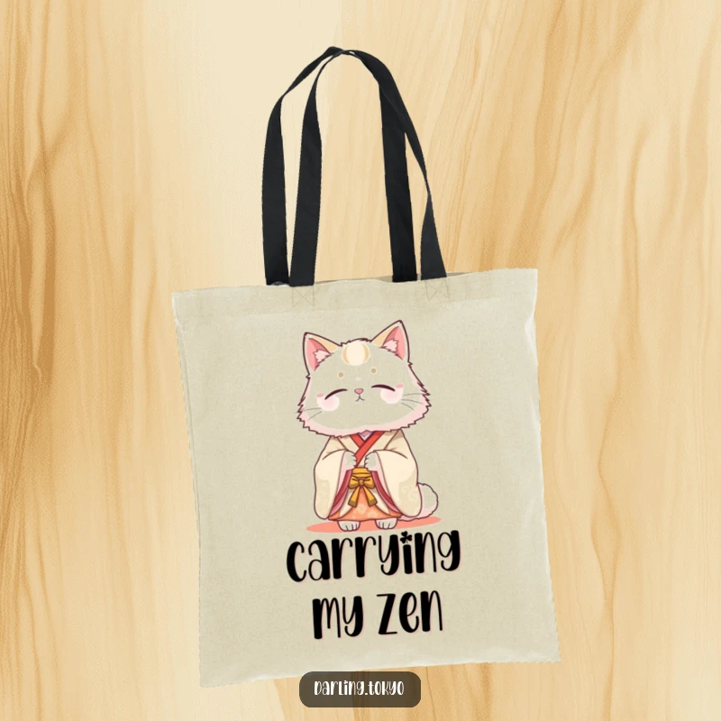 Funny tote bag featuring a fluffy cat in a traditional kimono looking serenely beautiful, perfect for stylish and elegant everyday use.