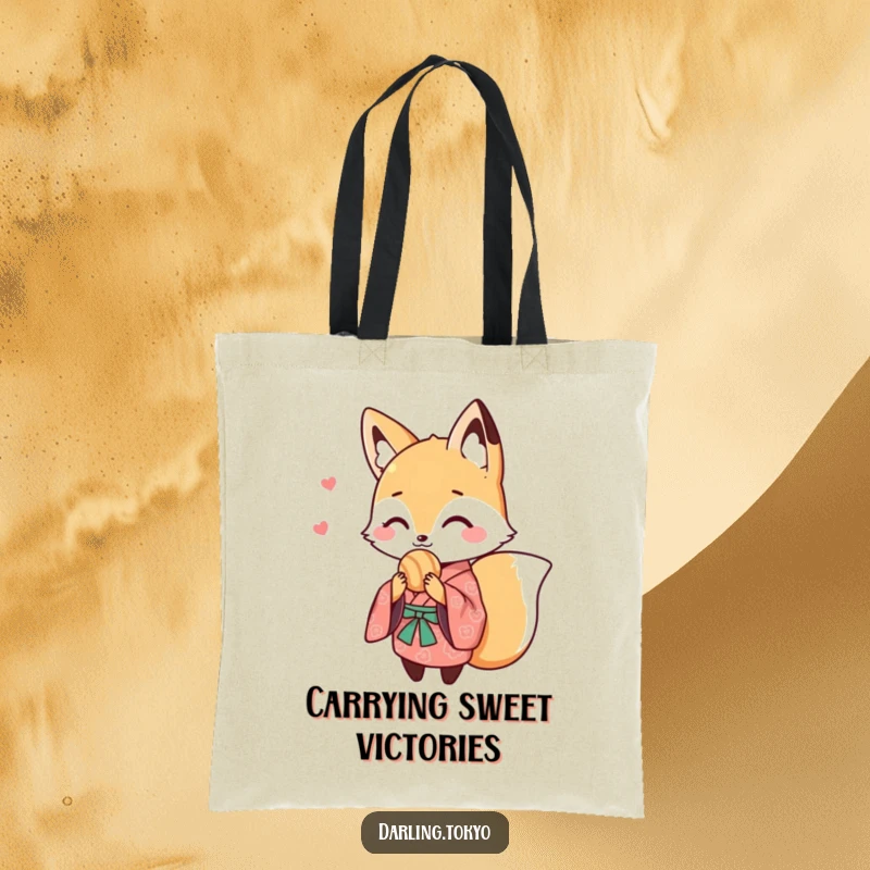 Funny tote bag featuring a cute fox in a patterned kimono, sharing a sweet treat, perfect for stylish and humorous everyday use.