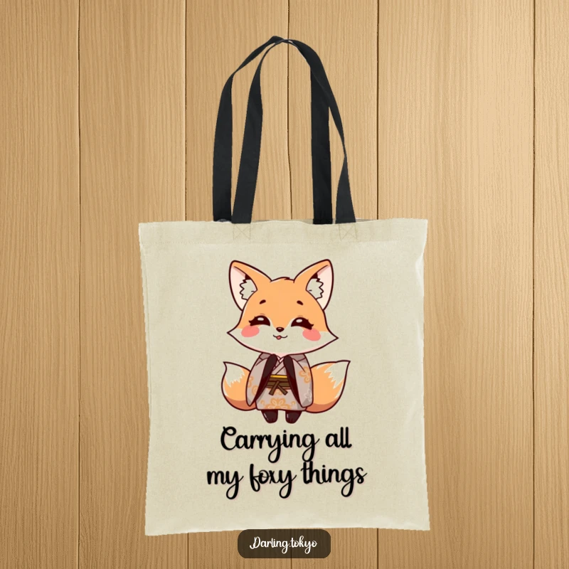 Funny tote bag displaying a smiling fox in a patterned kimono, gracefully bowing, blending fashion and humor.